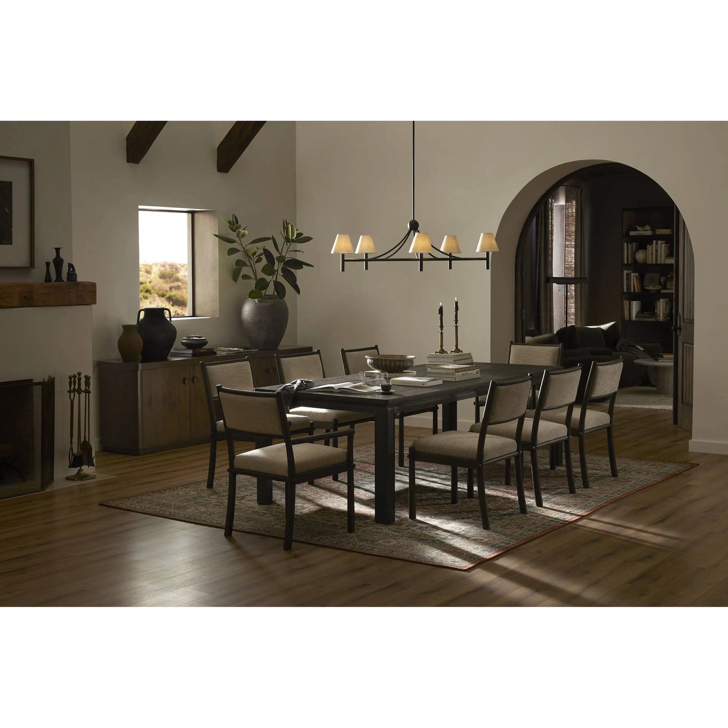 013 SI-2635254 | Lifestyle | Akiro Dining Armchair by Four Hands in laken stone, warm oak. Made from 90% polyester, 10% viscose (rayon), solid oak in a unique style.