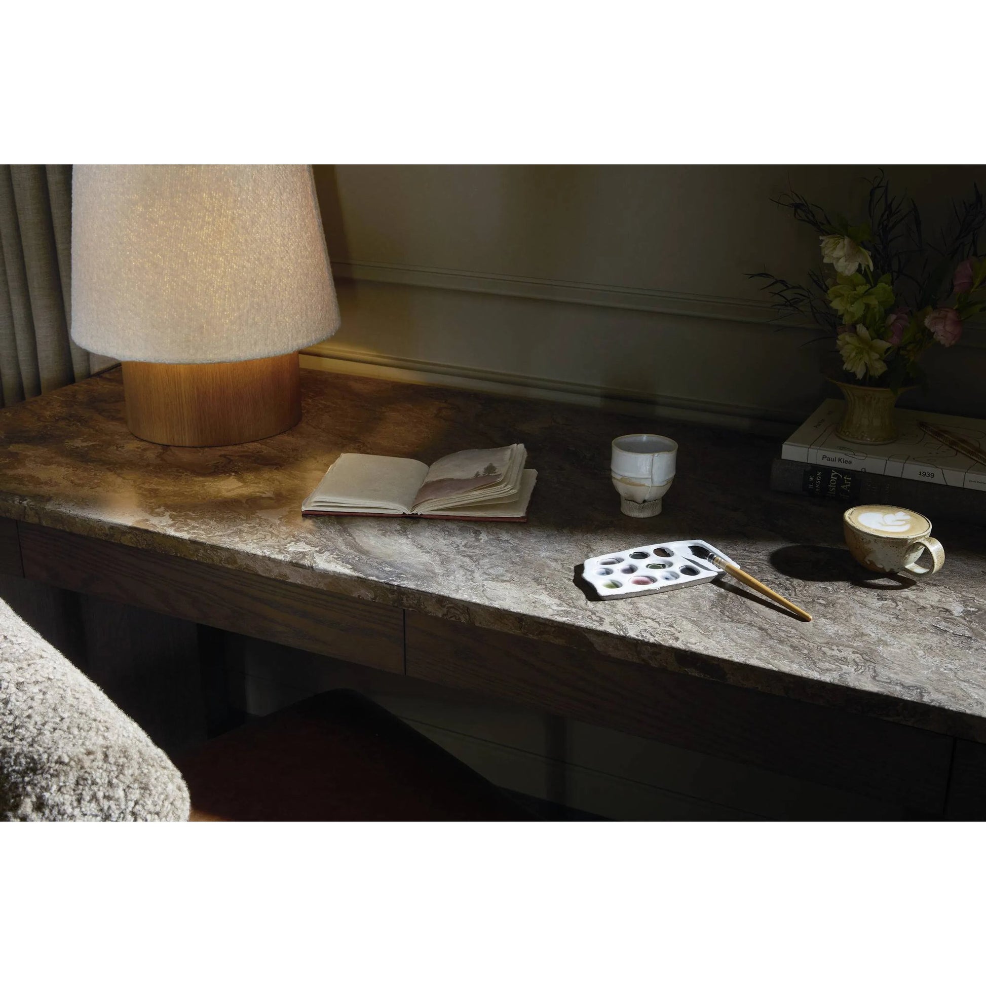 Lawson Desk by Four Hands in brown oak veneer, warm grey marble. Made from oak veneer, solid marble in a modern style.
