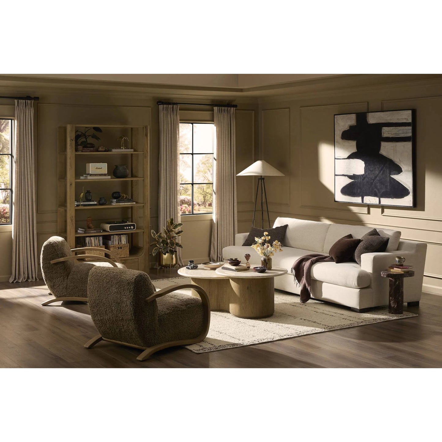 015 SI-2446692 | Lifestyle | Burke Chair by Four Hands in taupe shearling, sandy oak veneer. Made from shearling, oak veneer in a eclectic & global style.