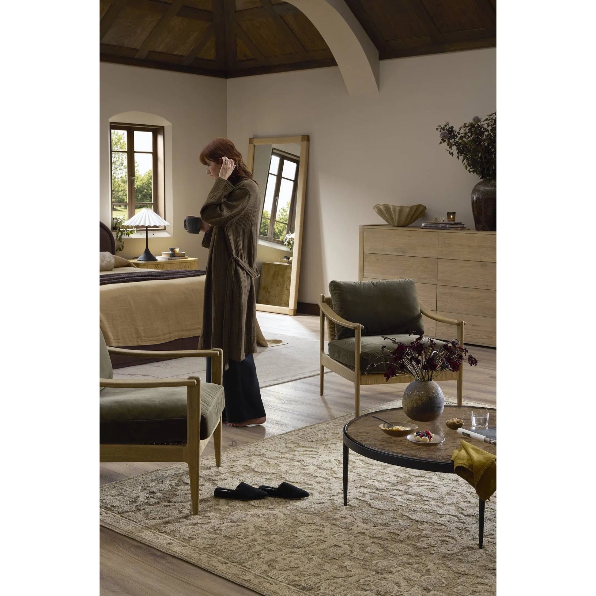 Janey Mirror by Four Hands in fawn oak, natural paper cord. Made from solid oak, rush, glass in a transitional style.