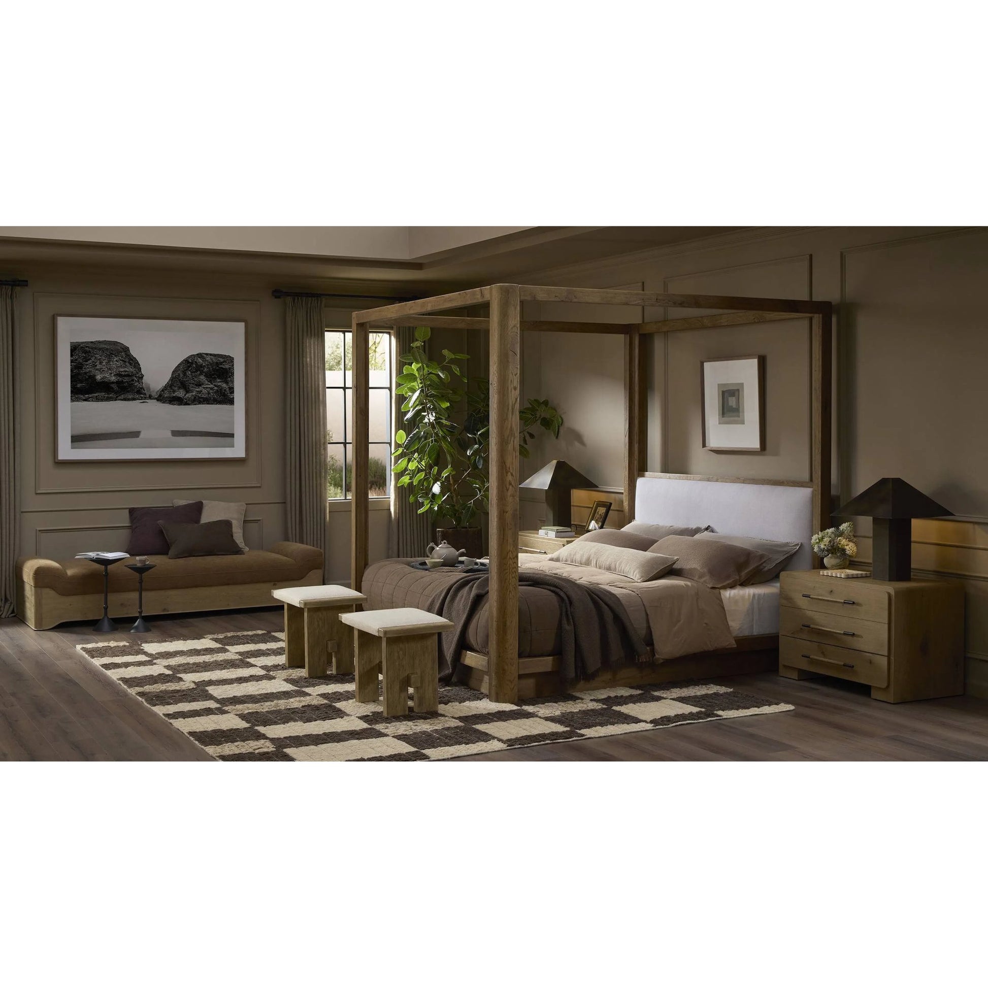 Poe Accent Stool by Four Hands in hampton cream, distressed light oak veneer, black iron. Made from 97% polyester, 2% viscose (rayon), 1% flax/linen, oak veneer, iron in a transitional style.