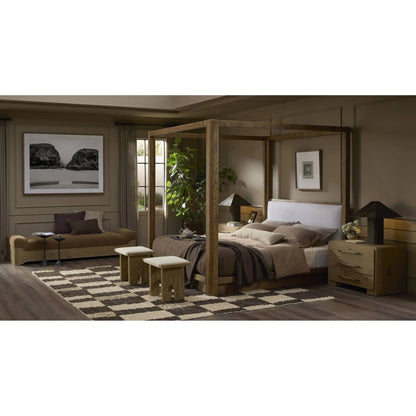 Poe Accent Stool by Four Hands in hampton cream, distressed light oak veneer, black iron. Made from 97% polyester, 2% viscose (rayon), 1% flax/linen, oak veneer, iron in a transitional style.