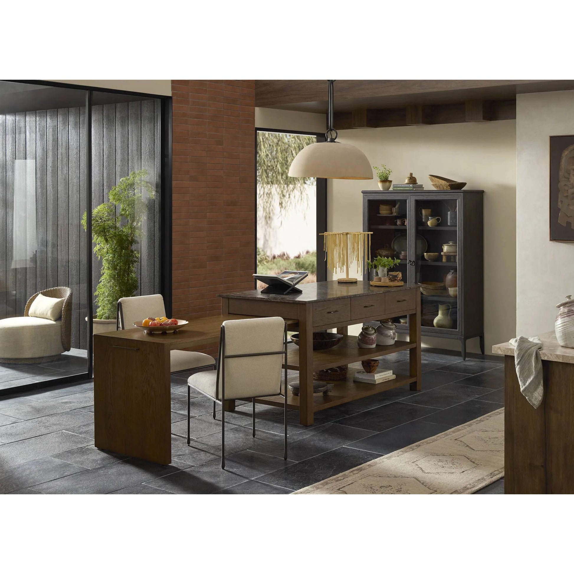 Alden Cabinet by Four Hands in worn black oak veneer, mottled gunmetal. Made from thick oak veneer, solid oak, iron in a traditional style.