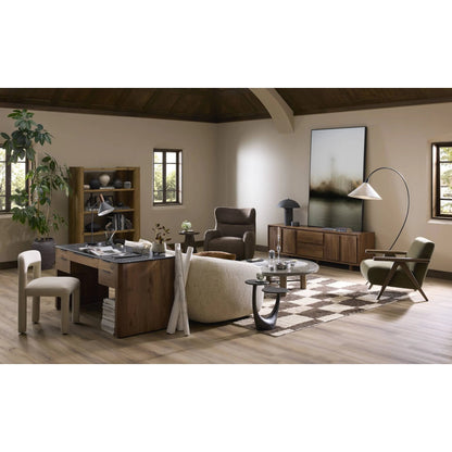 Torrid End Table by Four Hands in distressed bronze. Made from aluminum in a modern style.
