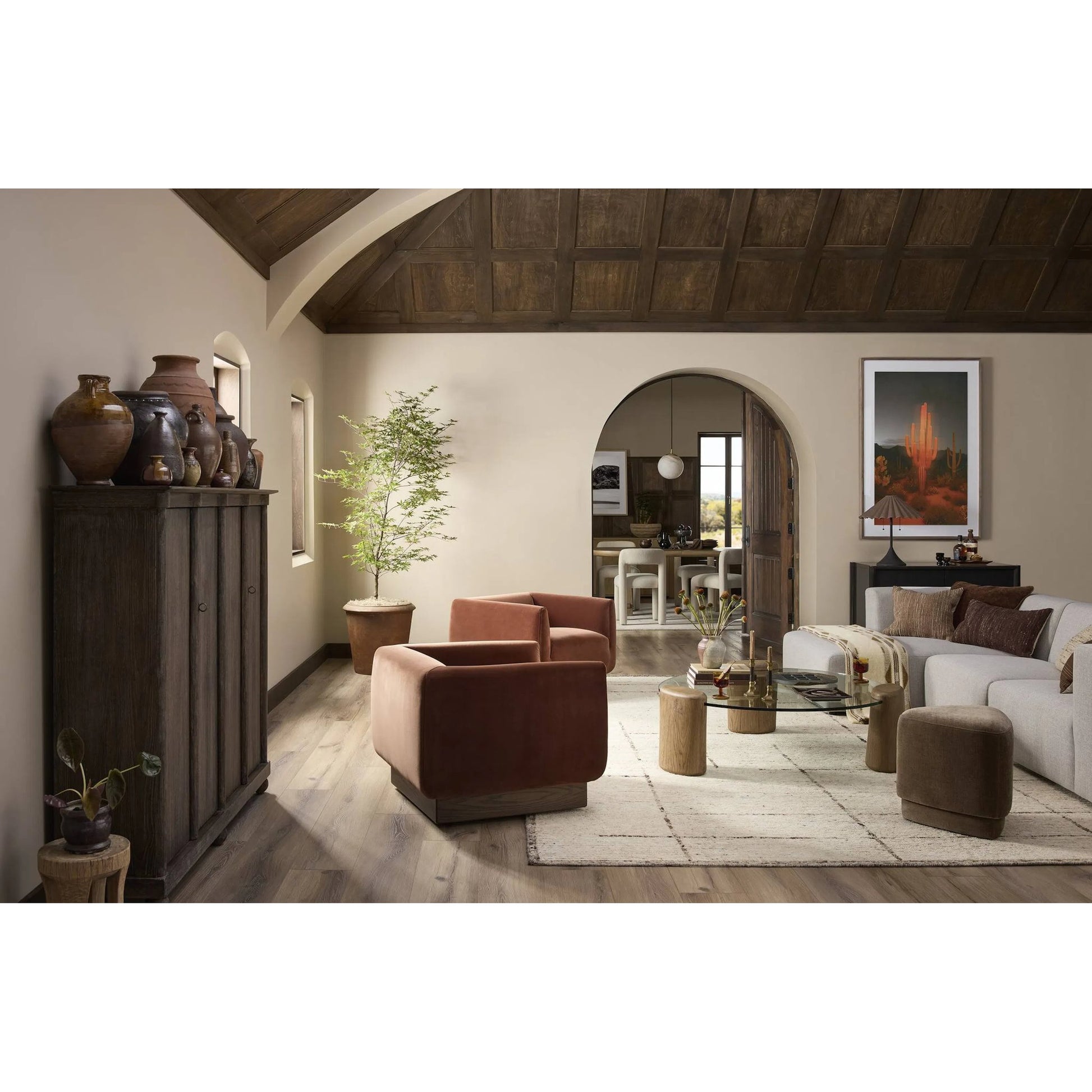 Juno Coffee Table by Four Hands in tempered glass, drifted oak veneer. Made from tempered glass, thick oak veneer in a transitional style.