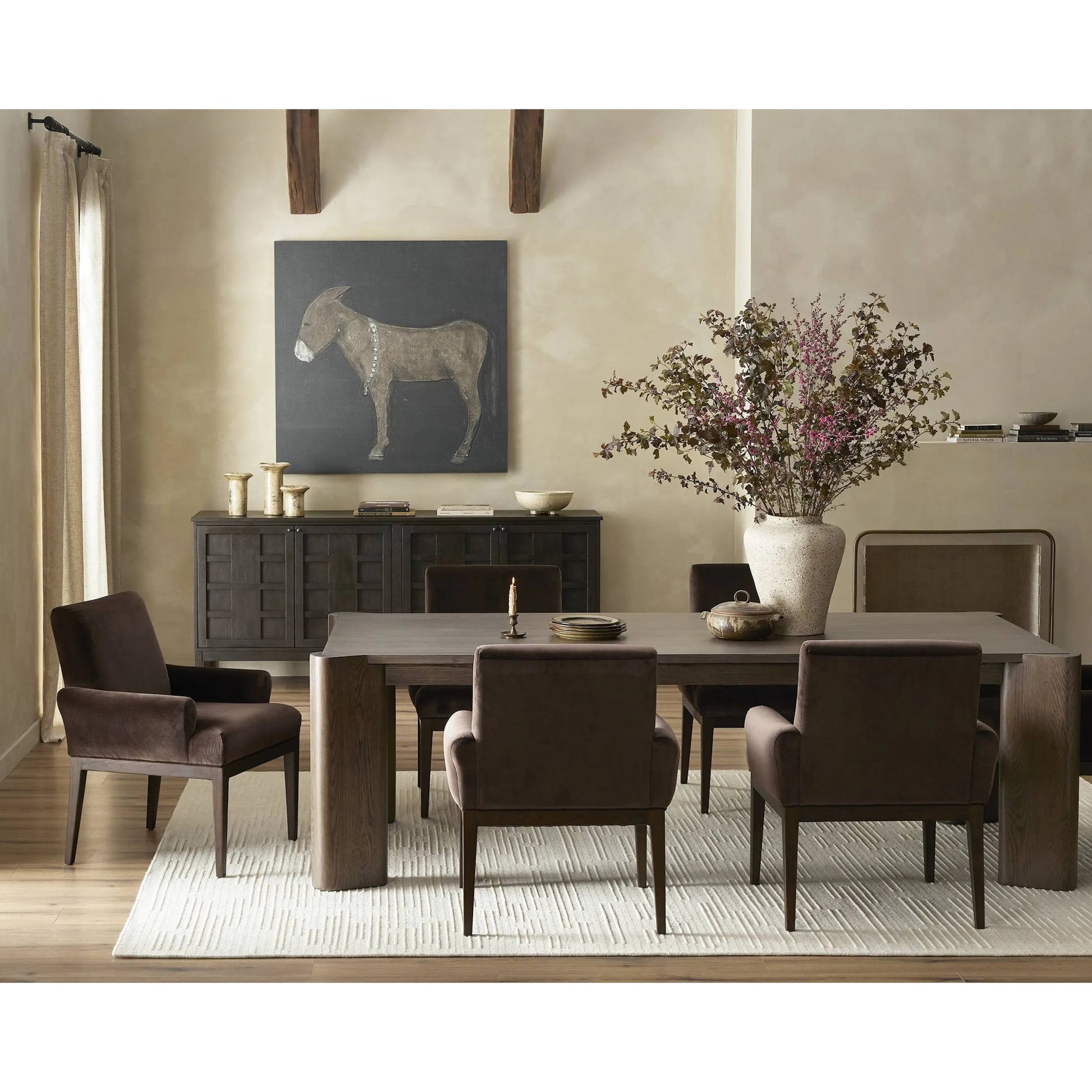 Soho Dining Table by Four Hands in aged natural oak veneer. Made from oak veneer, solid oak in a unique style.