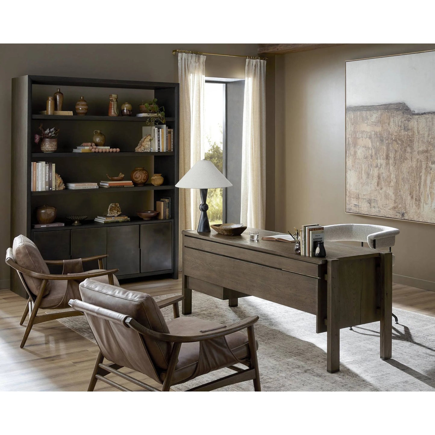 035 SI-2257134 | Lifestyle | Marcela Desk by Four Hands in grey reclaimed french oak, dark brass. Made from solid reclaimed oak, brass in a modern style.