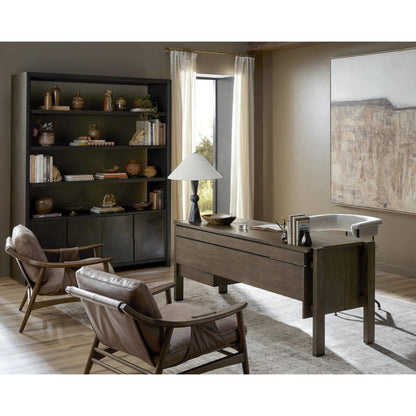 Marcela Desk by Four Hands in grey reclaimed french oak, dark brass. Made from solid reclaimed oak, brass in a modern style.