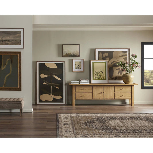 Millbrook Media Console by Four Hands in natural light oak. Made from solid oak, oak veneer in a transitional style.