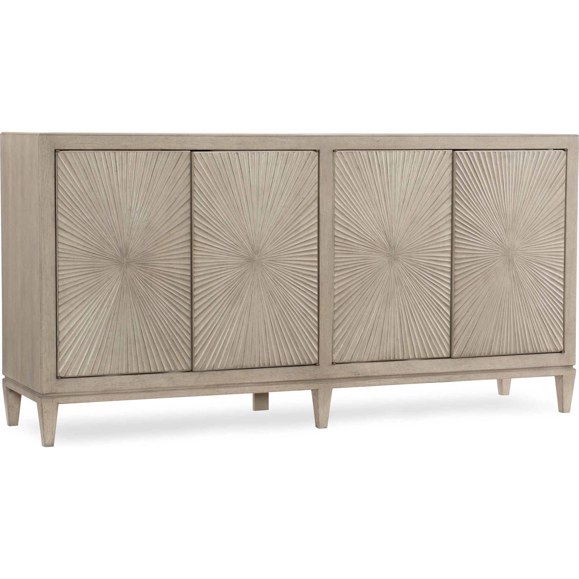 Elixir Buffet by Hooker Furniture in greige. Made from walnut veneers, faux shagreen in a cottage & farmhouse style.