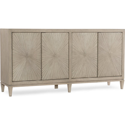 Elixir Buffet by Hooker Furniture in greige. Made from walnut veneers, faux shagreen in a cottage & farmhouse style.