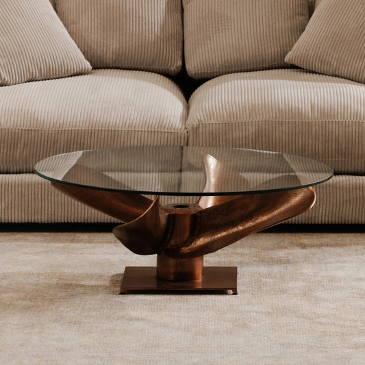 Archimedes Table by Moe's Home Collection in copper. Made from aluminum, glass in a modern style.