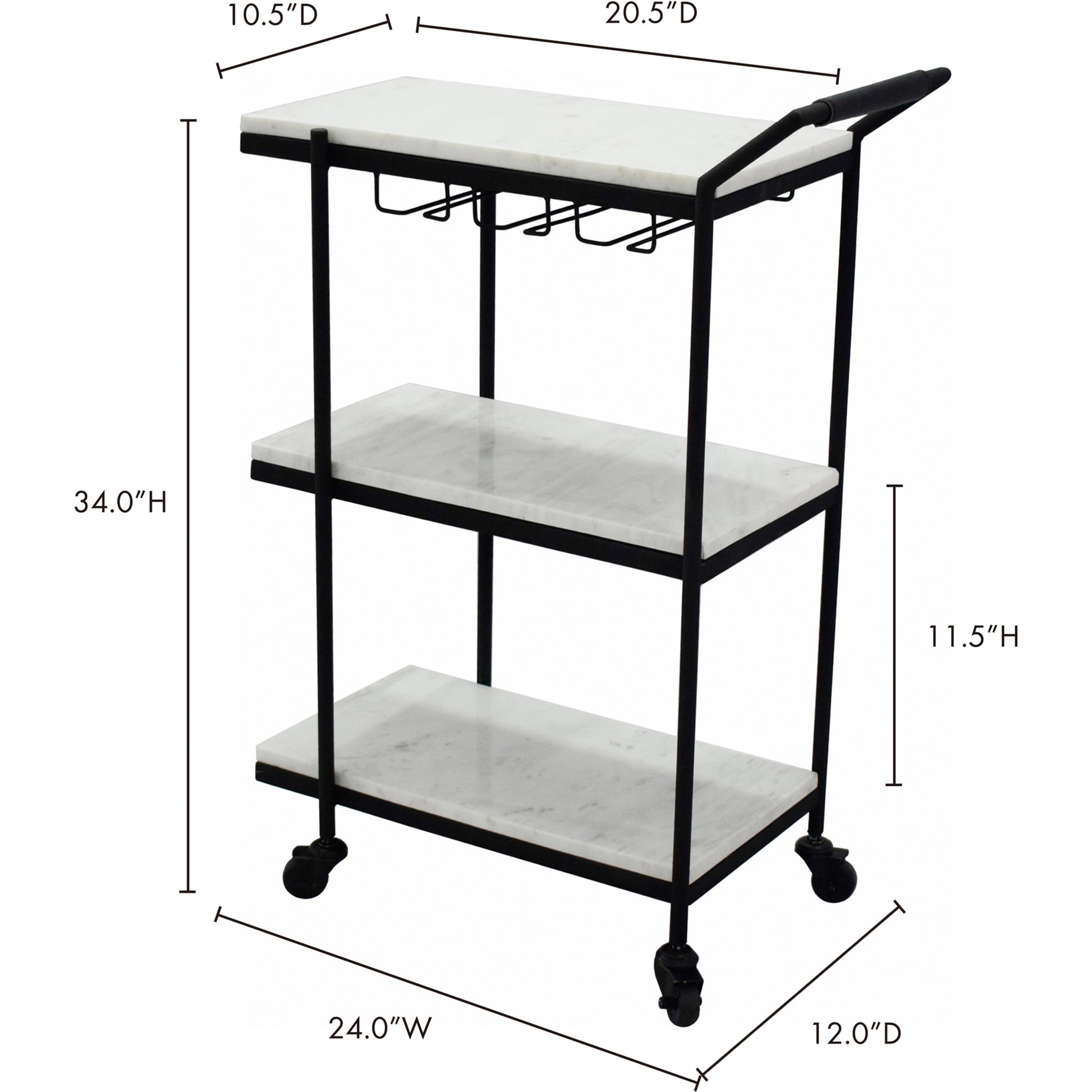 After Hours Bar Cart by Moe's Home Collection in textured black. Made from white marble, iron frame in a modern style.