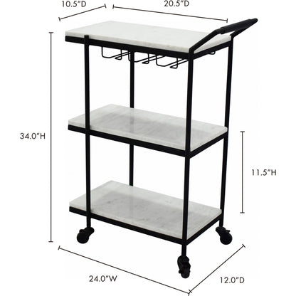 After Hours Bar Cart by Moe's Home Collection in textured black. Made from white marble, iron frame in a modern style.