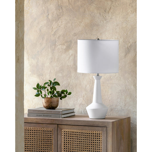 Fredonia - 492780 by Surya in body: white, shade: white, finial: metallic - silver, harp: metallic - nickel, cord: translucent and matte brushed. Made from body: ceramic, shade (outside): linen, shade (inside): linen, finial: m