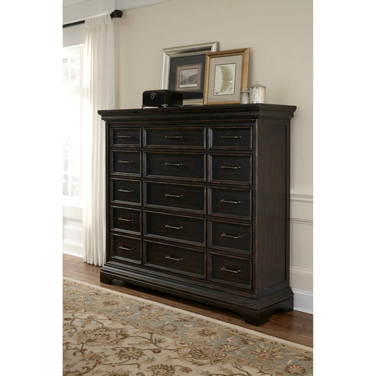 Caldwell Master Chest by Pulaski Furniture in deep brown. Made from acacia veneers in a traditional style.