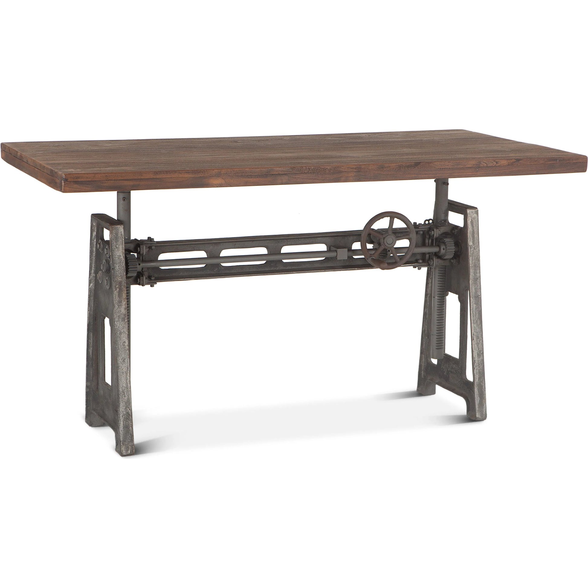 Artezia Adjustable Desk by World Interiors in brown and weathered gray, gray zinc. Made from teak wood, iron in a modern style.
