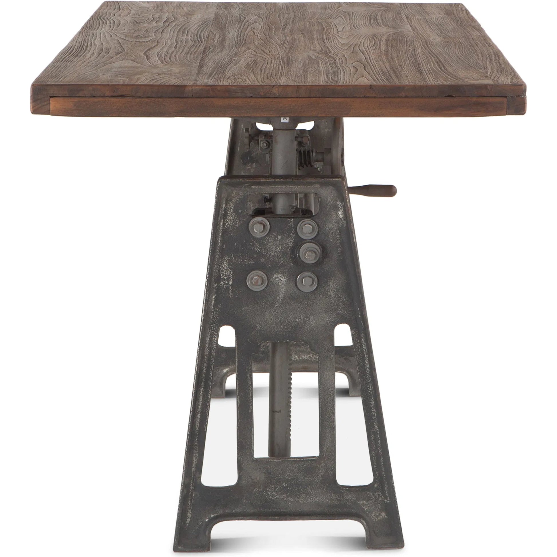 Artezia Adjustable Desk by World Interiors in brown and weathered gray, gray zinc. Made from teak wood, iron in a modern style.