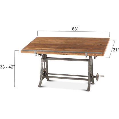 Artezia Industrial Drafting Desk by World Interiors in brown and natural, gunmetal. Made from teak wood, iron in a modern style.