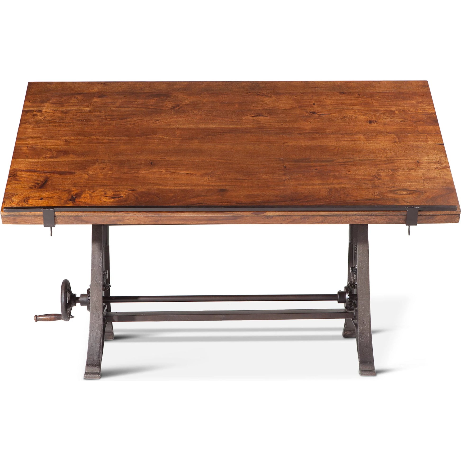 Artezia Adjustable Drafting Desk by World Interiors in brown and walnut, antique zinc. Made from acacia wood, iron in a modern style.