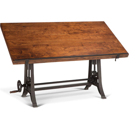 Artezia Adjustable Drafting Desk by World Interiors in brown and walnut, antique zinc. Made from acacia wood, iron in a modern style.