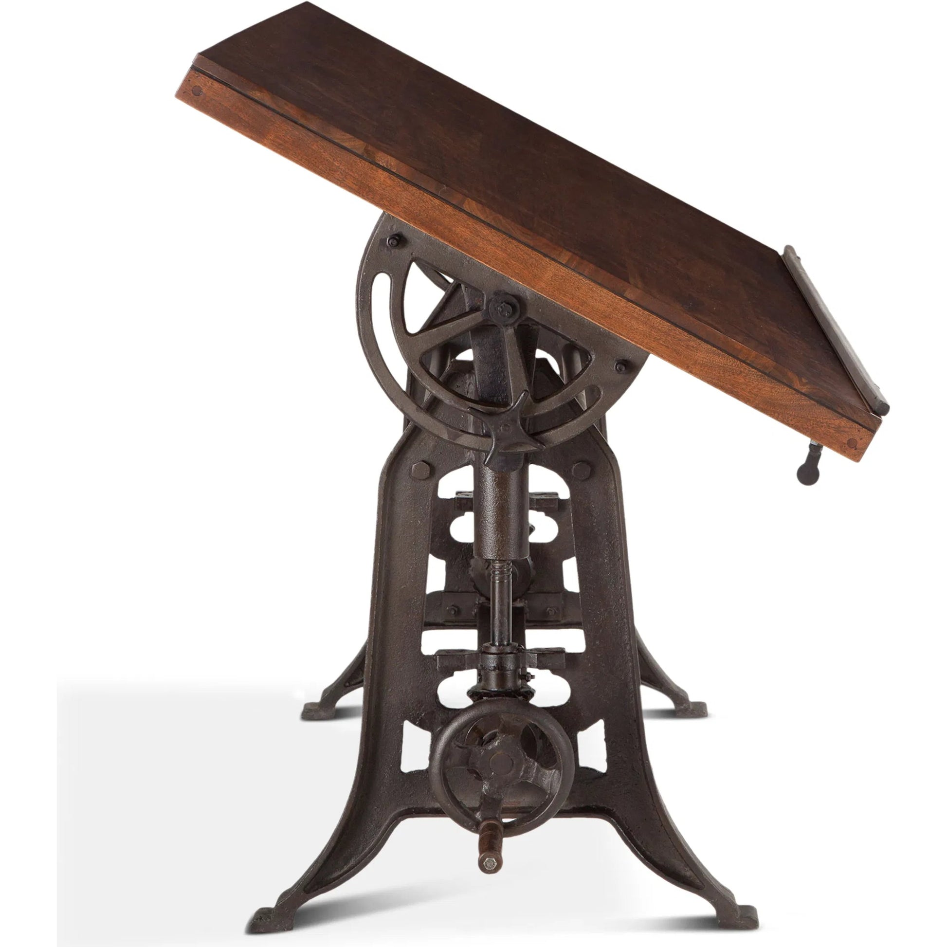 Artezia Adjustable Drafting Desk by World Interiors in brown and walnut, antique zinc. Made from acacia wood, iron in a modern style.
