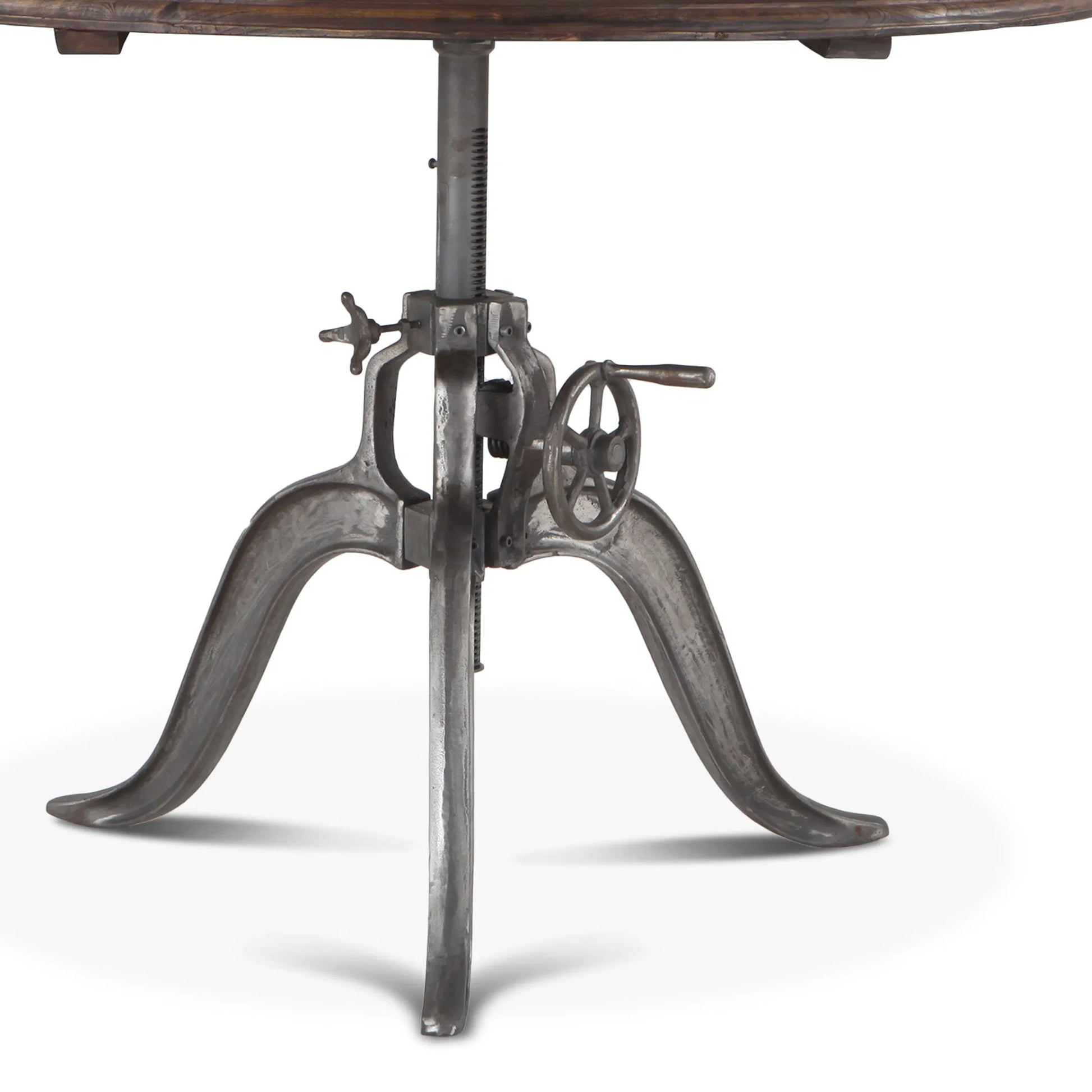 Artezia Adjustable Table by World Interiors in brown and weathered gray, gunmetal. Made from teak wood, iron in a rustic style.