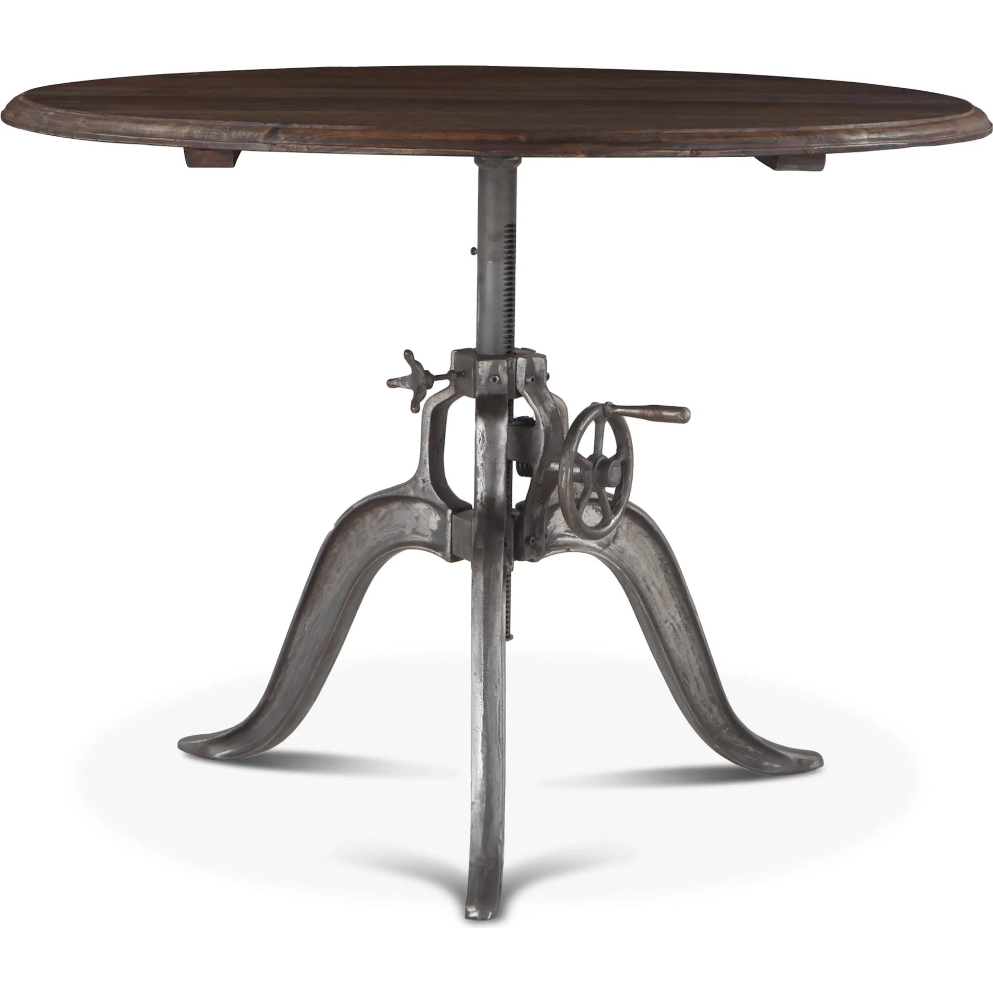 Artezia Adjustable Table by World Interiors in brown and weathered gray, gunmetal. Made from teak wood, iron in a rustic style.