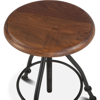 Artezia Adjustable Bar Stool by World Interiors in brown and walnut, antique zinc. Made from acacia wood, iron in a rustic style.