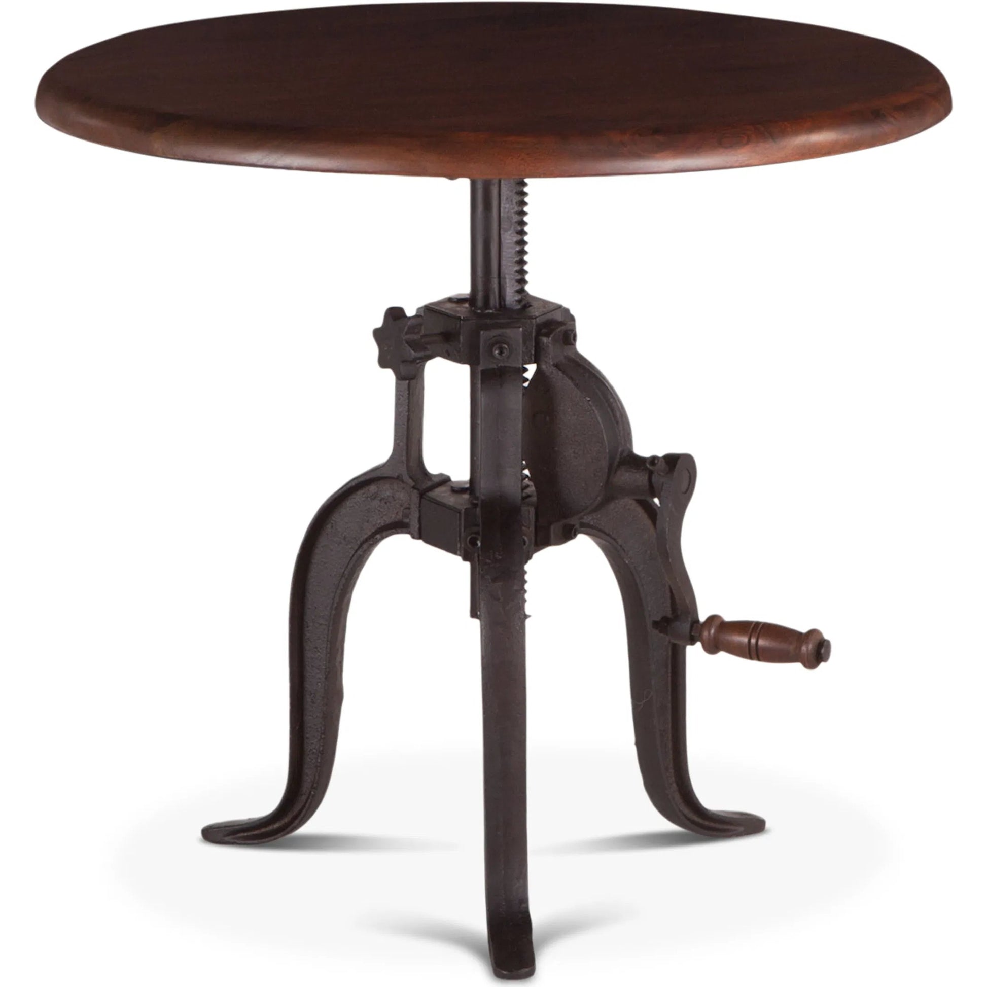 Artezia Acacia Wood Adjustable Side Table by World Interiors in brown and walnut, antique zinc. Made from acacia wood, iron in a rustic style.