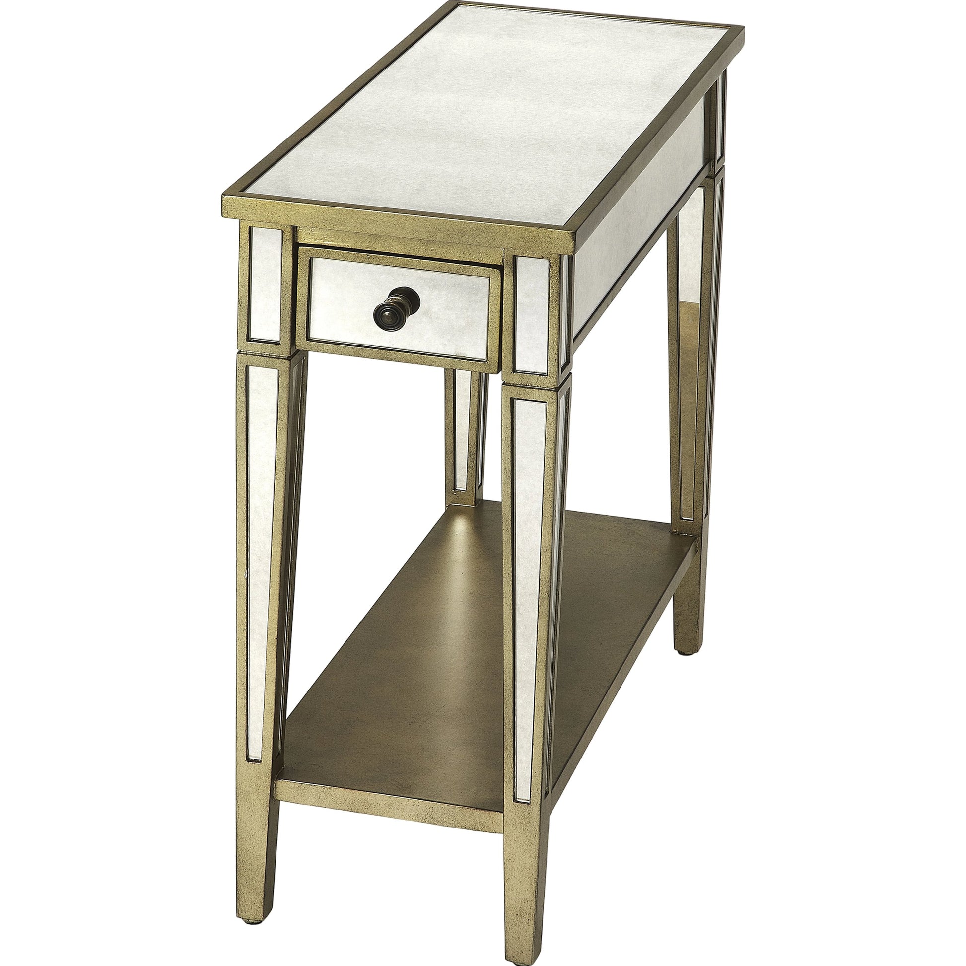 Celeste Mirrored Chairside Table by Butler Specialty Company in silver and mirror. Made from poplar hardwood solids, mdf, mirrored glass in a traditional style.