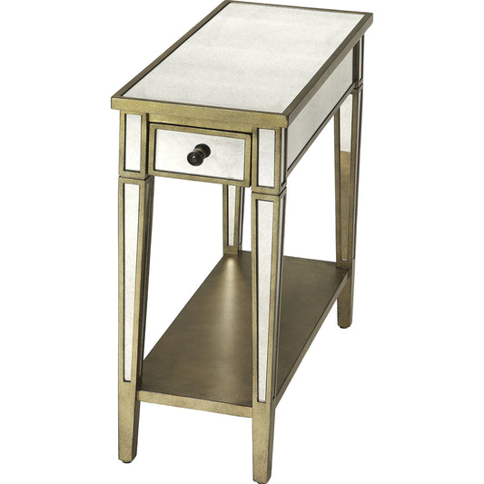 Celeste Mirrored Chairside Table by Butler Specialty Company in silver and mirror. Made from poplar hardwood solids, mdf, mirrored glass in a traditional style.