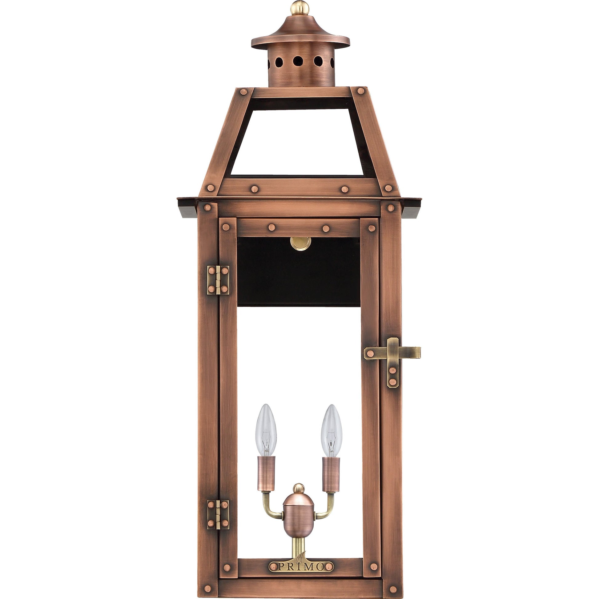 Bienville Electric Lantern by Primo Lighting in aged copper. Made from copper in a cottage & farmhouse style.