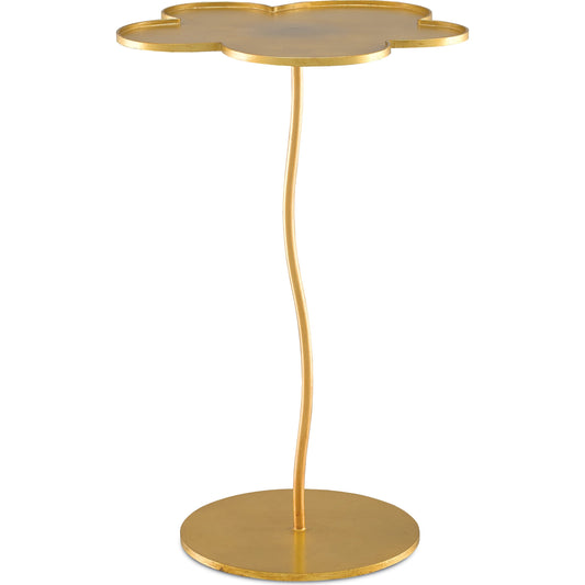 Fleur Accent Table by Currey and Company in gold leaf. Made from iron in a transitional style.