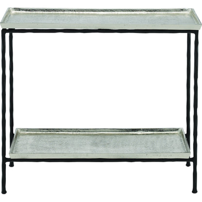Boyles Brass Side Table by Currey and Company in antique brass, black. Made from cast aluminum, iron in a transitional style.