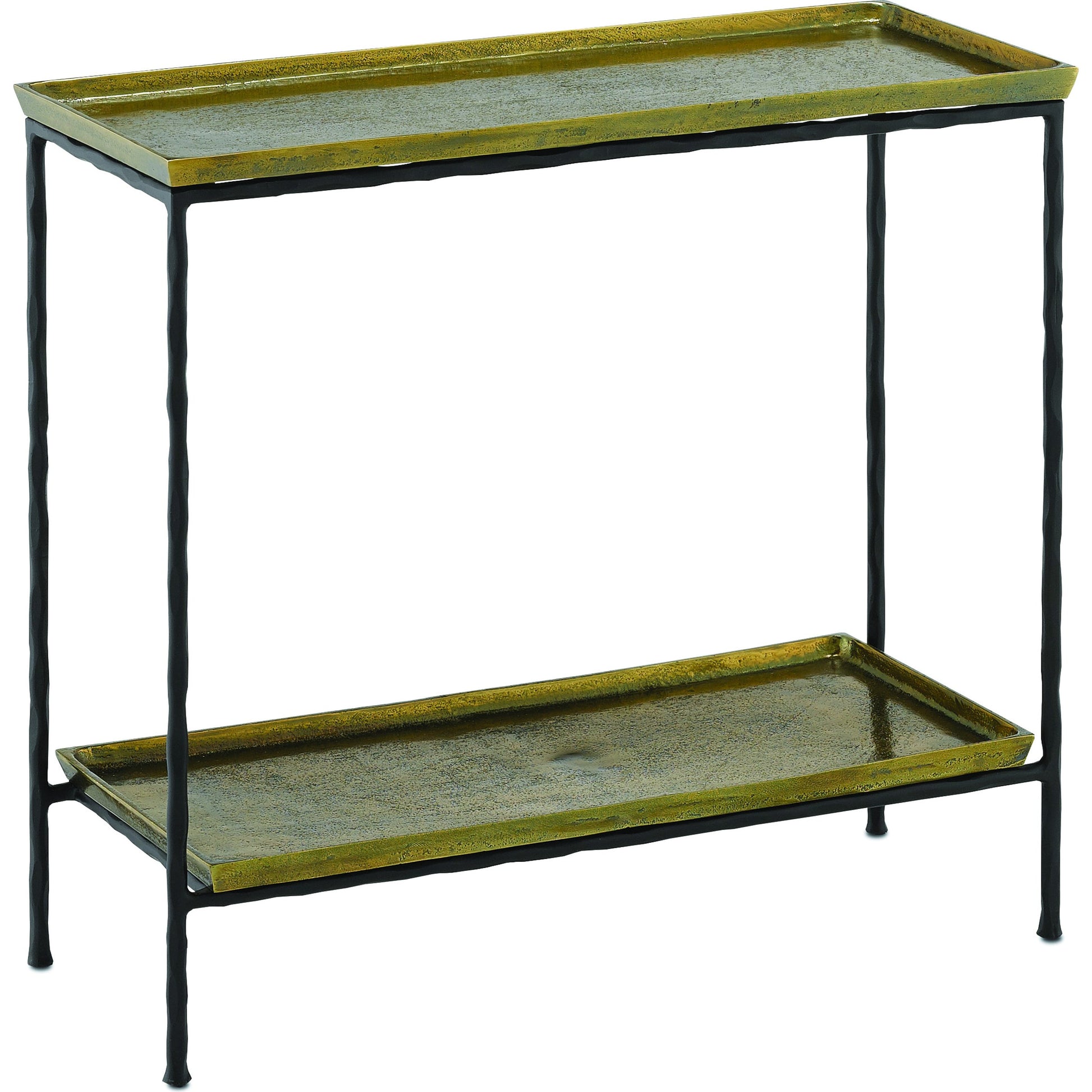 Boyles Brass Side Table by Currey and Company in antique brass, black. Made from cast aluminum, iron in a transitional style.