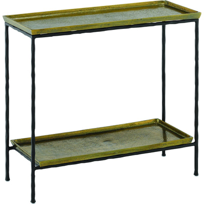 Boyles Brass Side Table by Currey and Company in antique brass, black. Made from cast aluminum, iron in a transitional style.