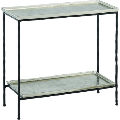 Boyles Brass Side Table by Currey and Company in antique brass, black. Made from cast aluminum, iron in a transitional style.