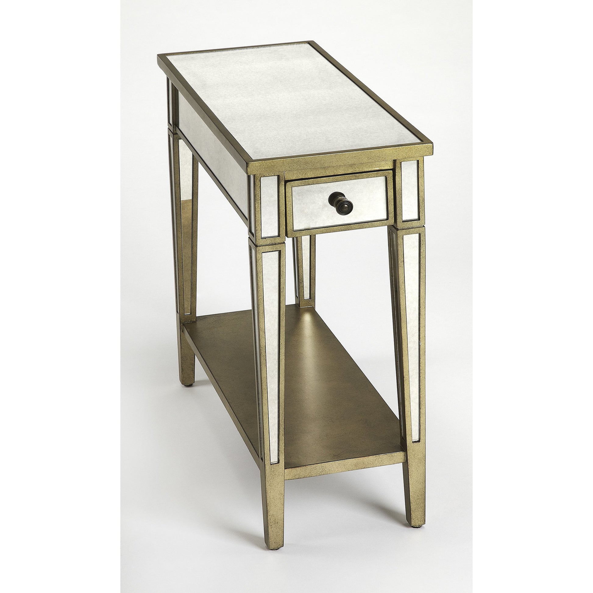 Celeste Mirrored Chairside Table by Butler Specialty Company in silver and mirror. Made from poplar hardwood solids, mdf, mirrored glass in a traditional style.