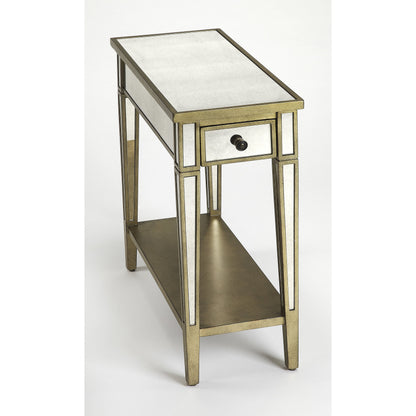 Celeste Mirrored Chairside Table by Butler Specialty Company in silver and mirror. Made from poplar hardwood solids, mdf, mirrored glass in a traditional style.
