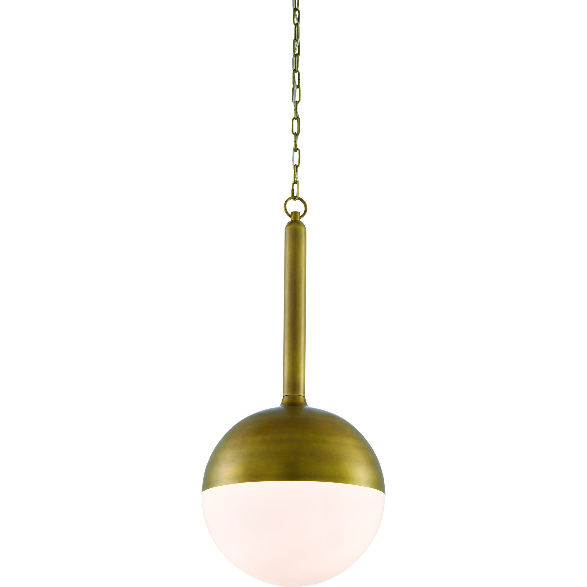 Moonward Pendant by Currey and Company in antique brass, opaque white. Made from metal, glass in a modern style.
