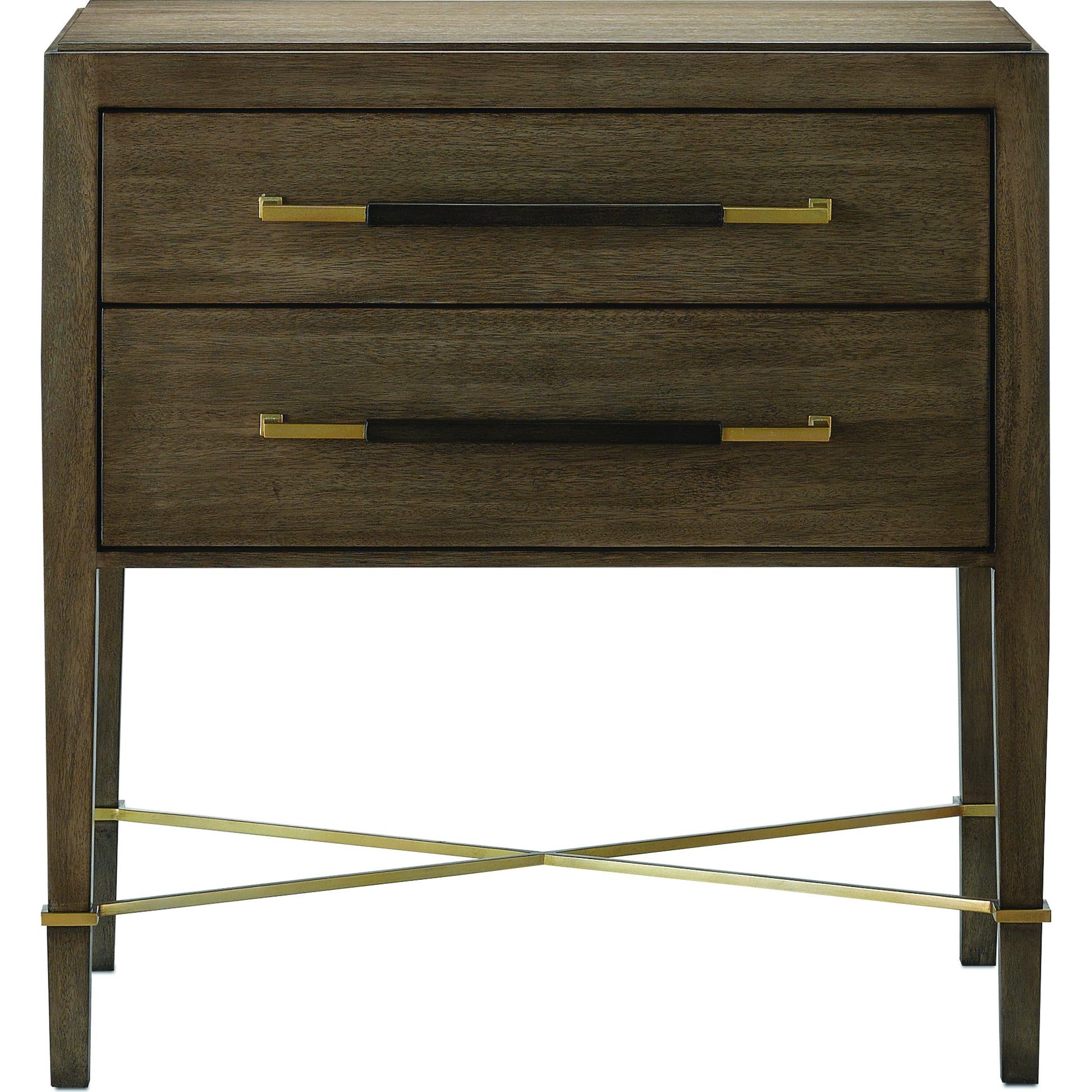 Verona Chanterelle Nightstand by Currey and Company in chanterelle, coffee, champagne. Made from mahogany, brass, iron in a transitional style.