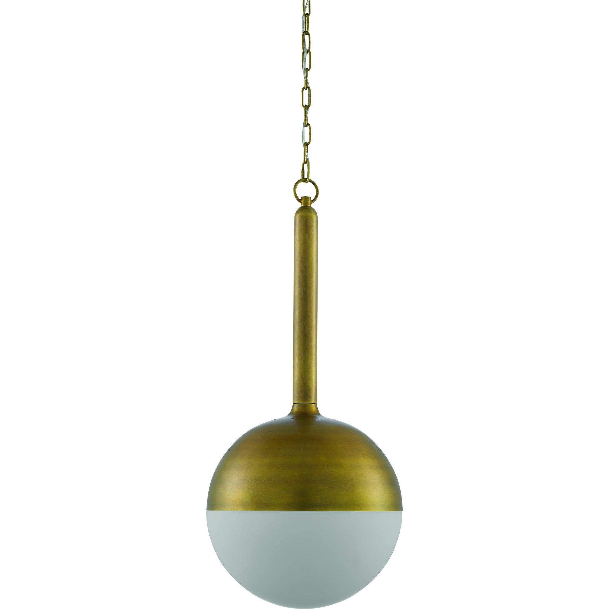 Moonward Pendant by Currey and Company in antique brass, opaque white. Made from metal, glass in a modern style.