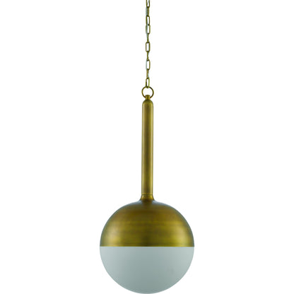 Moonward Pendant by Currey and Company in antique brass, opaque white. Made from metal, glass in a modern style.