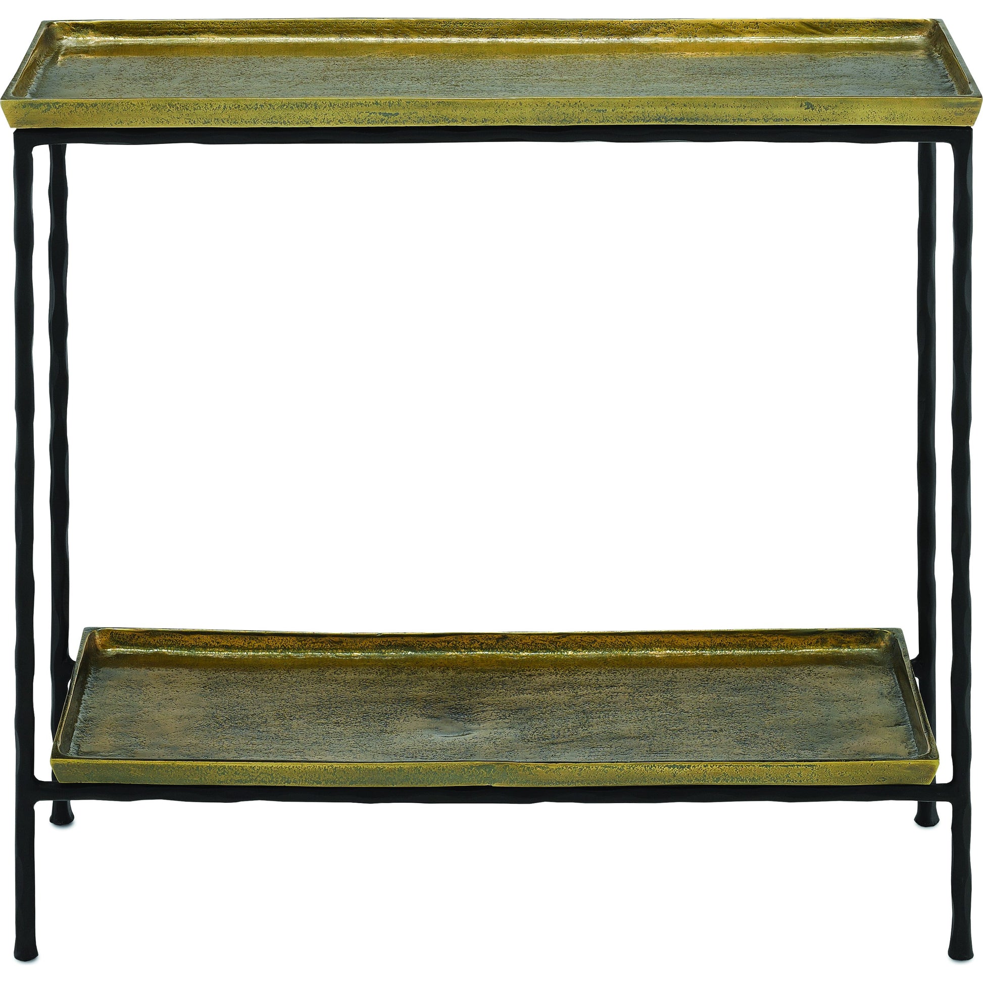 Boyles Brass Side Table by Currey and Company in antique brass, black. Made from cast aluminum, iron in a transitional style.