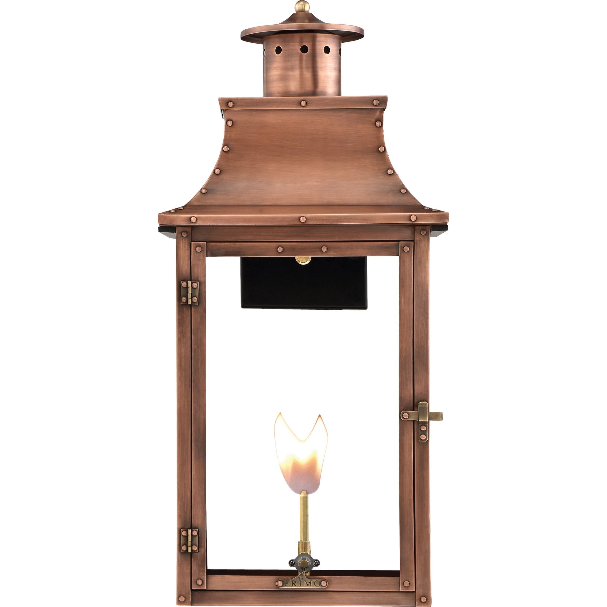 Royal Gas Lantern by Primo Lighting in aged copper. Made from copper in a modern style.
