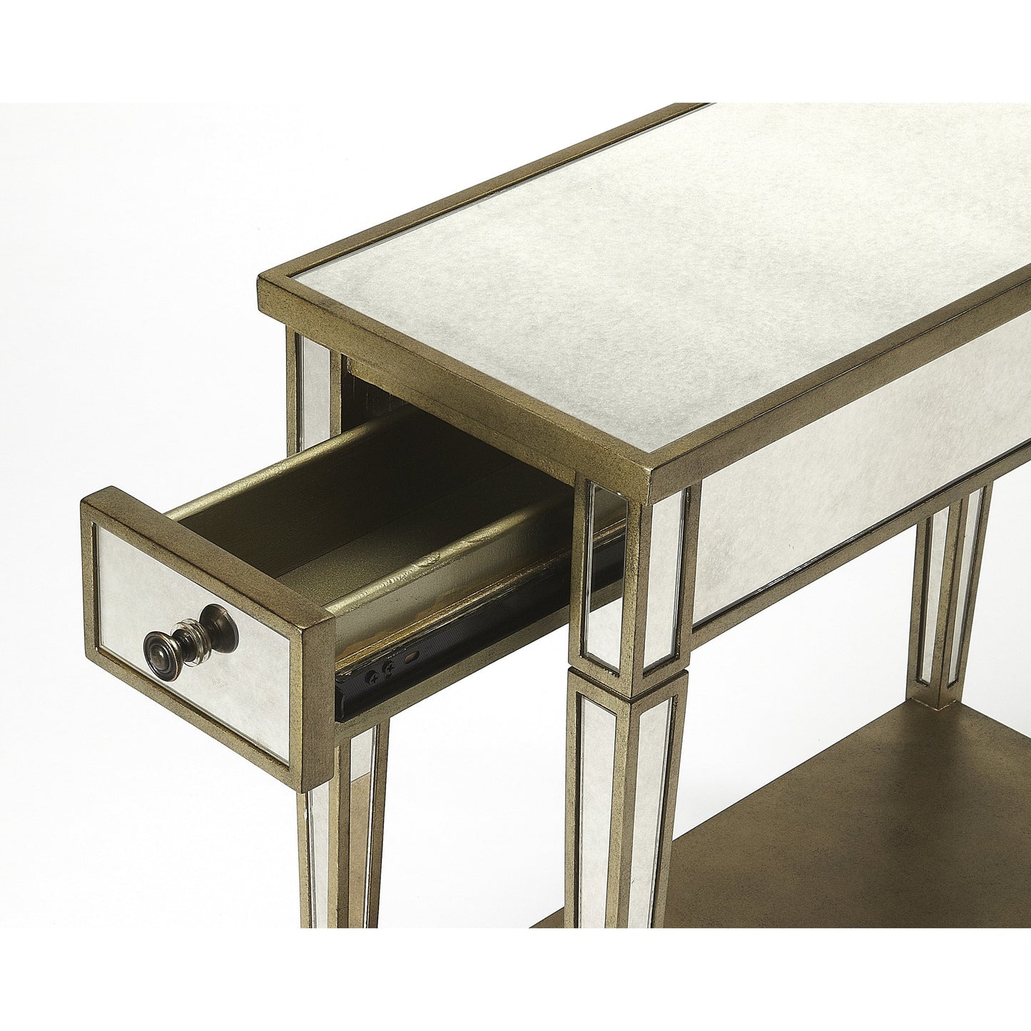 002 S-338850 | Additional Silo | Celeste Mirrored Chairside Table by Butler Specialty Company in silver and mirror. Made from poplar hardwood solids, mdf, mirrored glass in a traditional style.