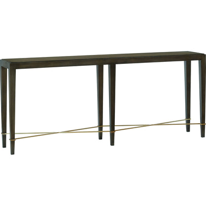 Verona Chanterelle Console Table by Currey and Company in chanterelle, champagne. Made from mahogany, brass, iron in a transitional style.