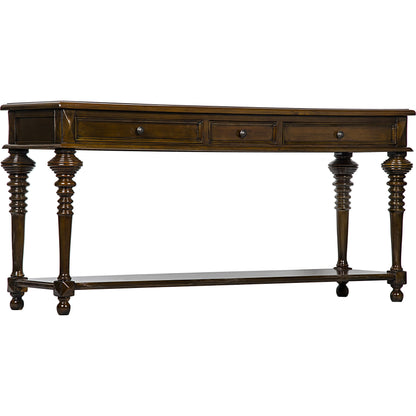 Colonial Sofa Table by Noir in distressed brown. Made from birch in a traditional style.