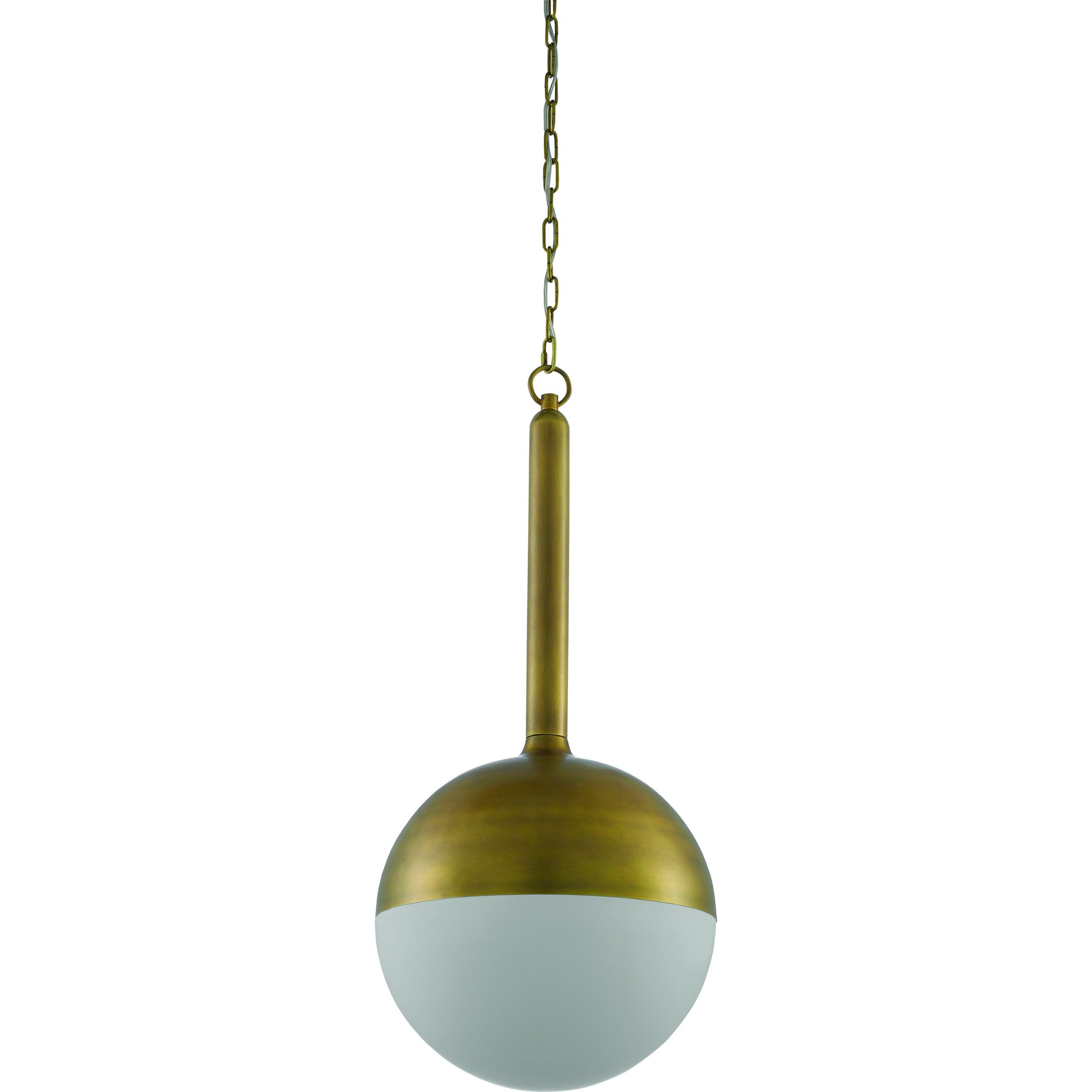 Moonward Pendant by Currey and Company in antique brass, opaque white. Made from metal, glass in a modern style.